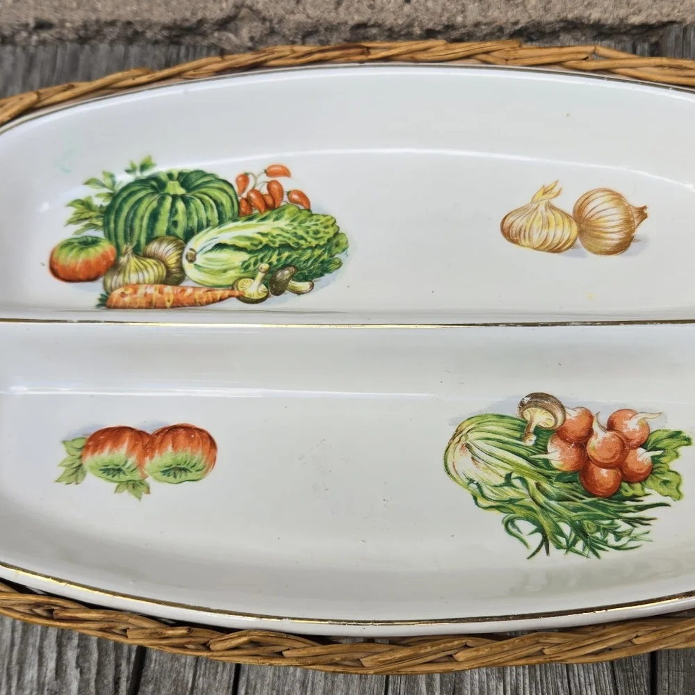 Vtg Divided Dish In Wicker Holder Vegetables Transferware Japan